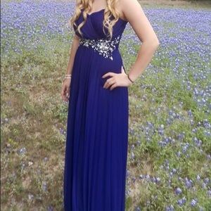 Beaded blue long spaghetti strapped prom dress